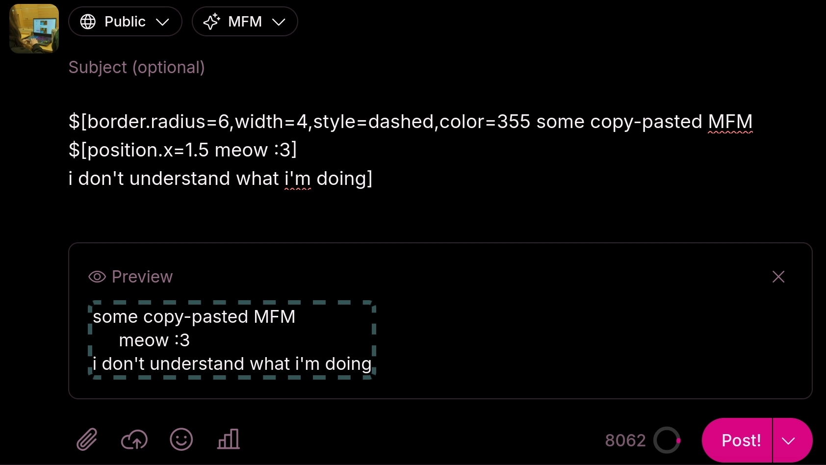 A compose form in Nicolium displaying a preview of some simple random MFM